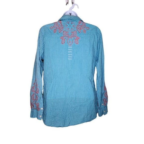 Johnny Was 3J Workshop Plaid Button Down Embroidered Shirt Womens Size S Blue - Picture 4 of 6
